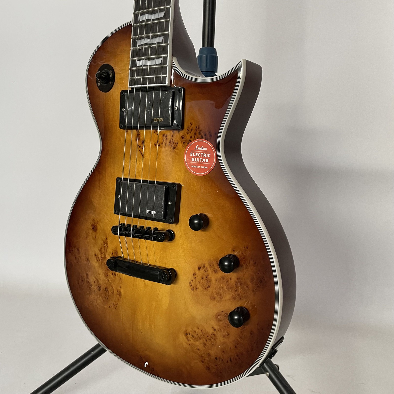 Cutaway Solid Electric Guitar Active Pickups Burl Maple Sunburst Black Hardware
