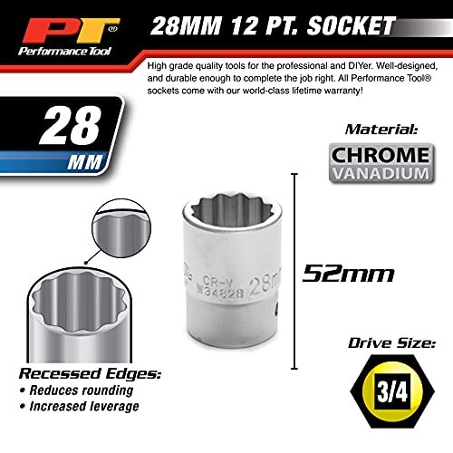 Performance Tool W34828 3/4" Drive 12-Point Standard Socket 28mm