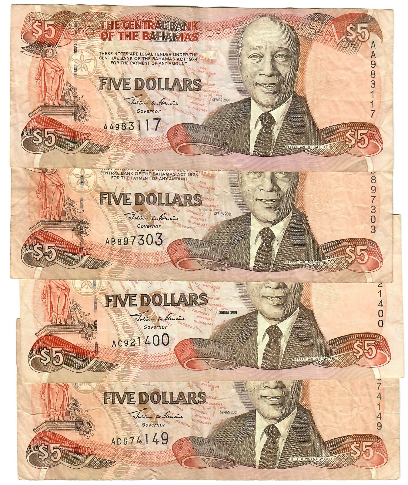 Bahamas 4x 5 Dollars 2001 F/VF "Francis" AA, AB, AC, AD prefix