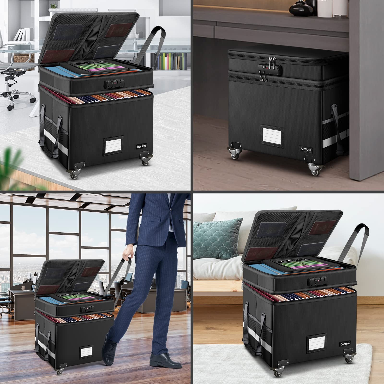 DocSafe Fireproof Document Box with Lock,2-Layer File Box with Wheels,Collaps...