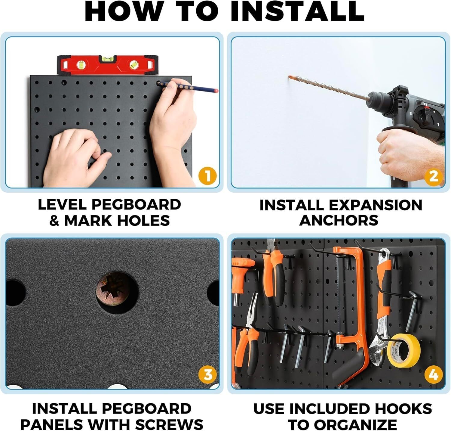Heavy Duty 4-Panel Pegboard Wall Organizer With 32 Peg Hooks Panels Garage Tool