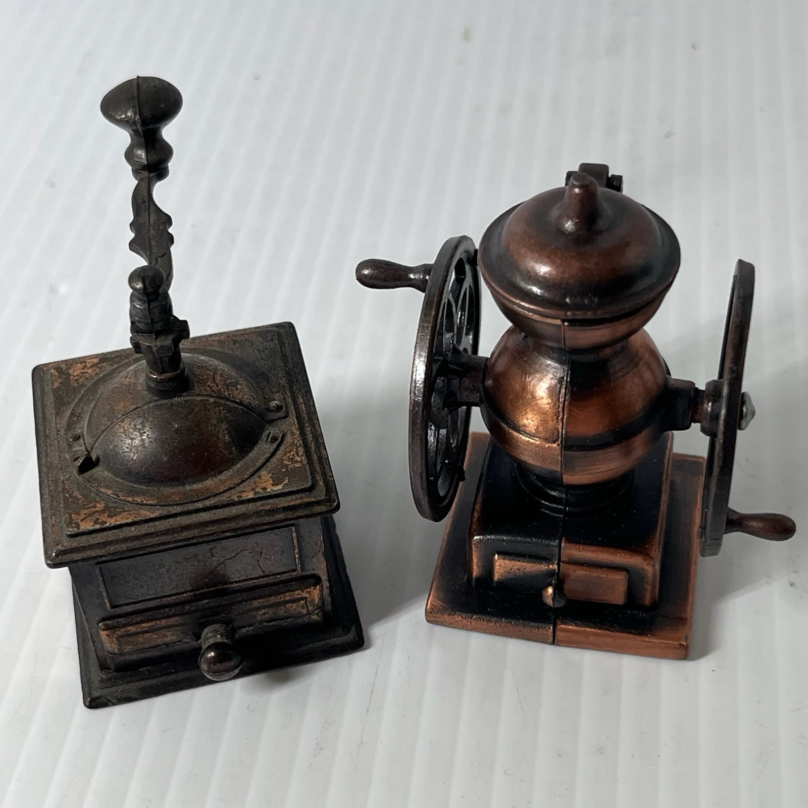 2 Vintage Antique Finished Miniature Diecast Pencil Sharpener Coffee Grinders