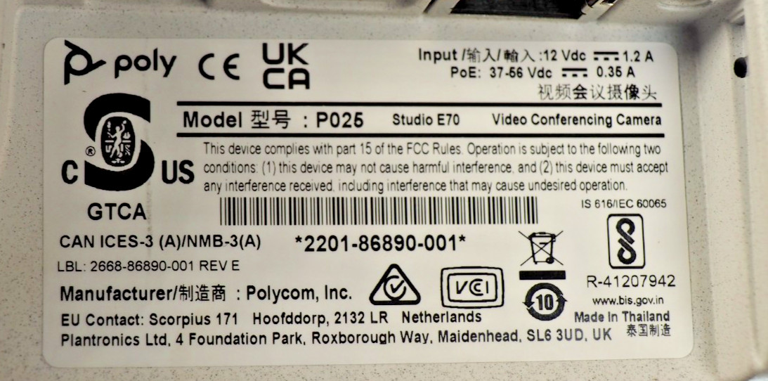 Polycom Poly Studio E70 3840x2160 Smart Conference Video Camera NO AC ADAPTER