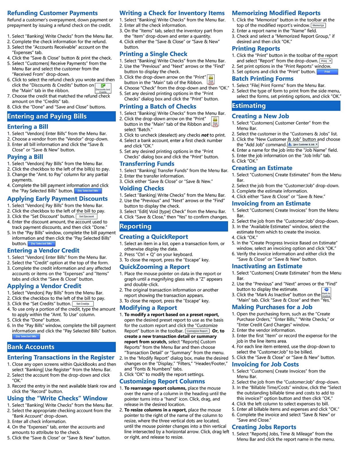 QuickBooks Pro 2022 Training Guide Quick Reference Card 4 Page Cheat Sheet