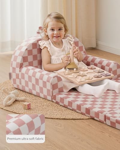 Foldable Toddler Couch, 2-in-1 Comfy Toddler Chair & Lounger Blush Checkered