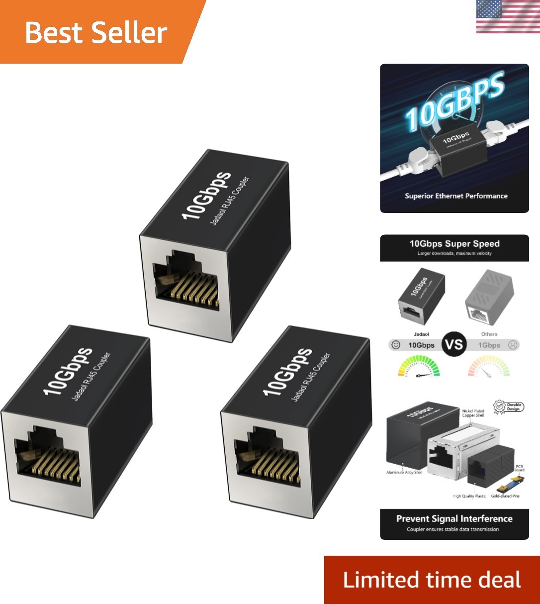 Gold-Plated 10Gbps RJ45 Coupler Set - Extend Your Network Up to 328ft, 3-Pack