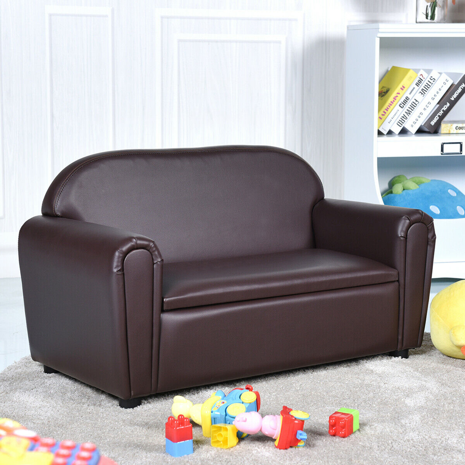 Kids Sofa Armrest Chair Lounge Couch Wood Construction Storage Box Living Room