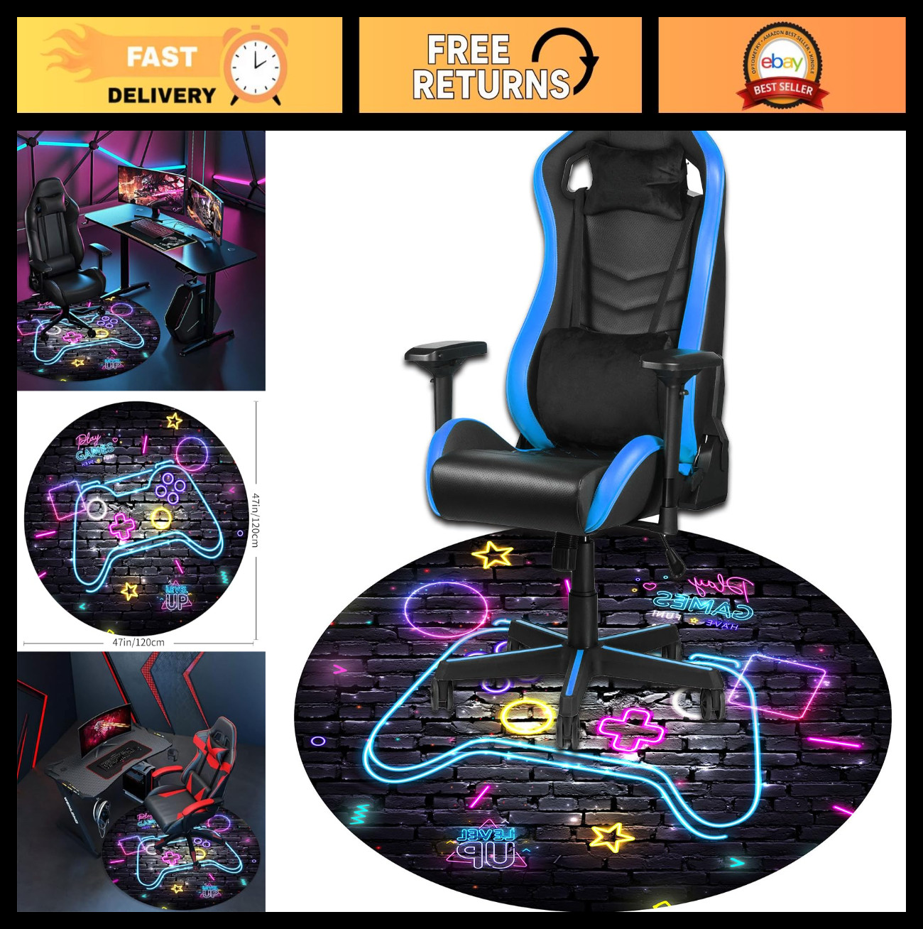 47" Round Gaming Chair Mat - Anti-Slip Carpet for Hardwood Floor, Neon Graffiti