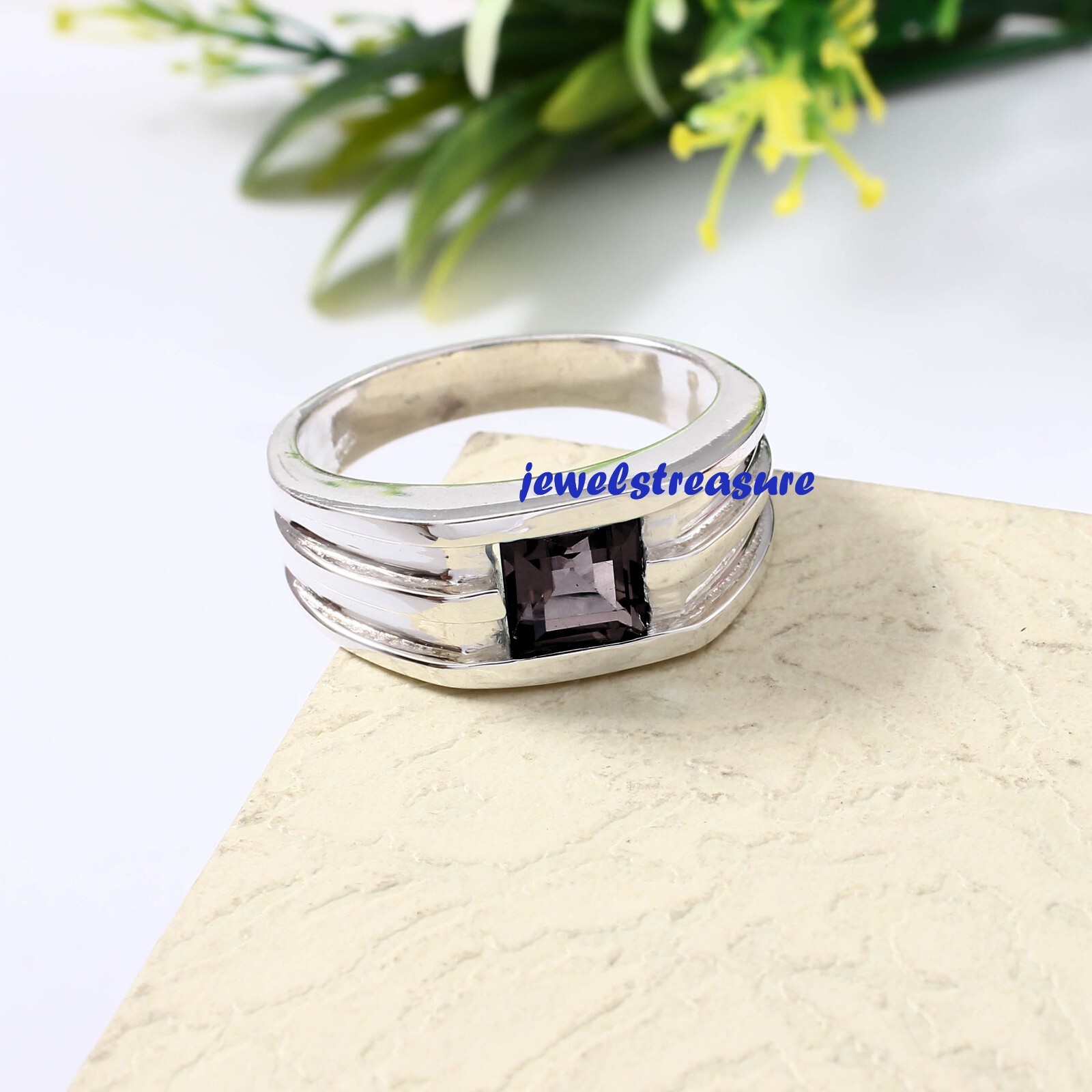 Natural Smoky Quartz Gemstone with 925 Sterling Silver Ring for Men's #J05