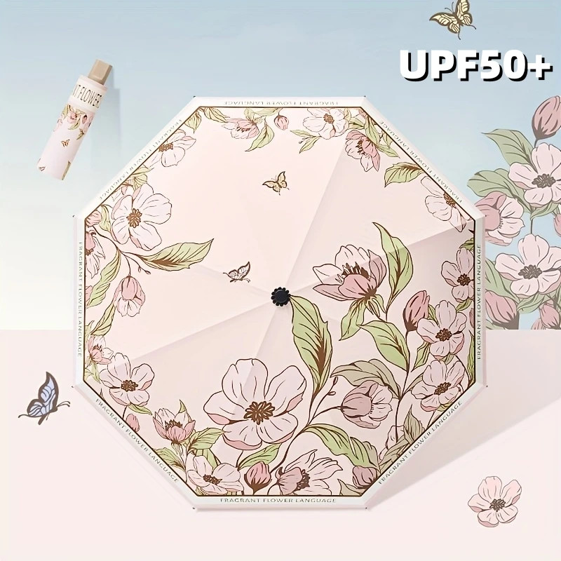 Folding Sun Umbrella Flower Print UV Protection Vinyl Coated Rain Parasol