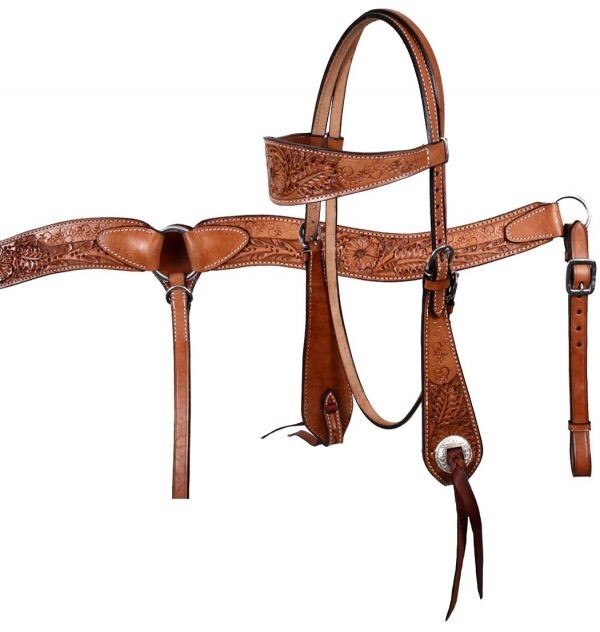 Floral Tooled Browband Headstall & Breast Collar SET with Reins NEW
