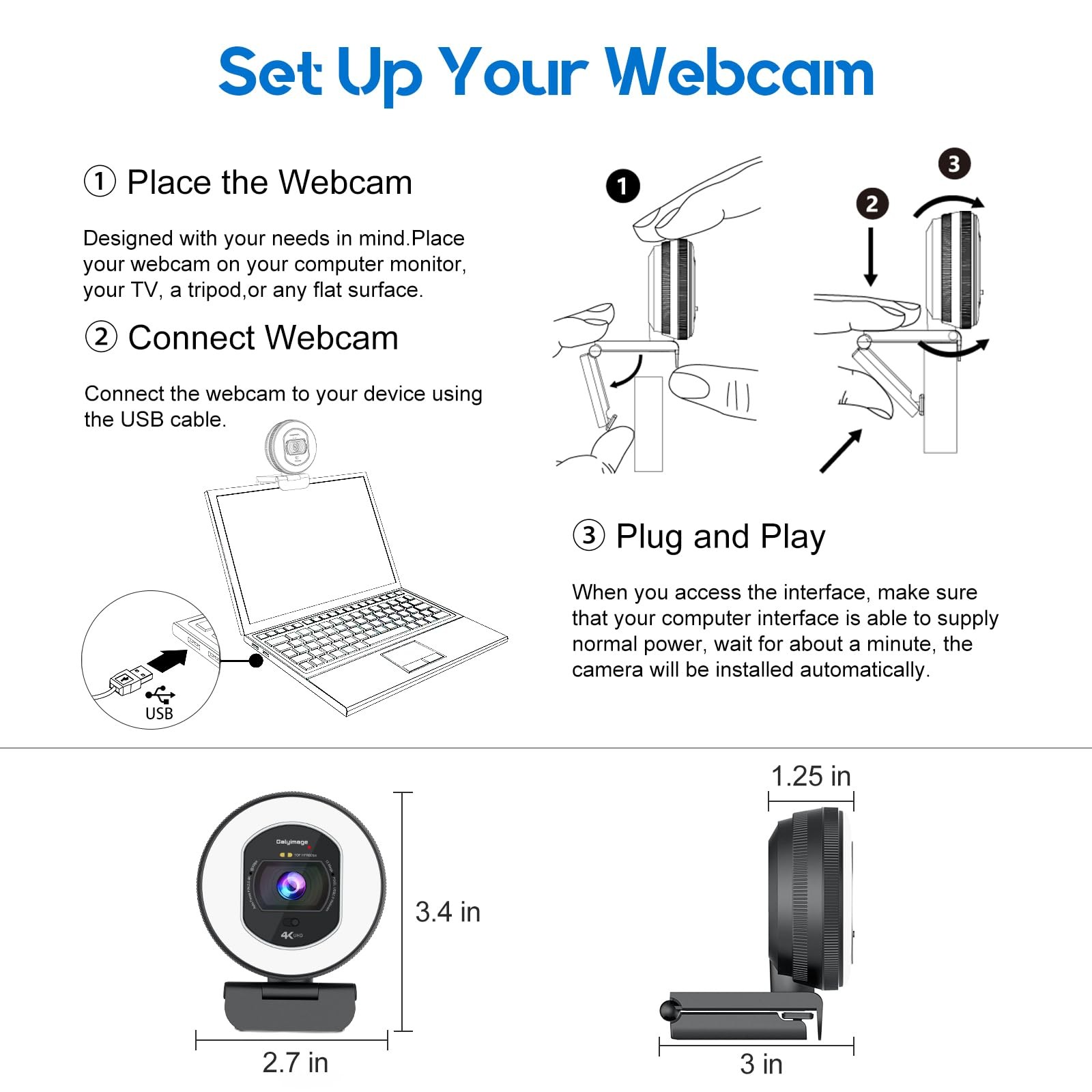 4K Webcam with Ring Light Web Cam 4K Autofocus with TOF Computer Camera 1080P...