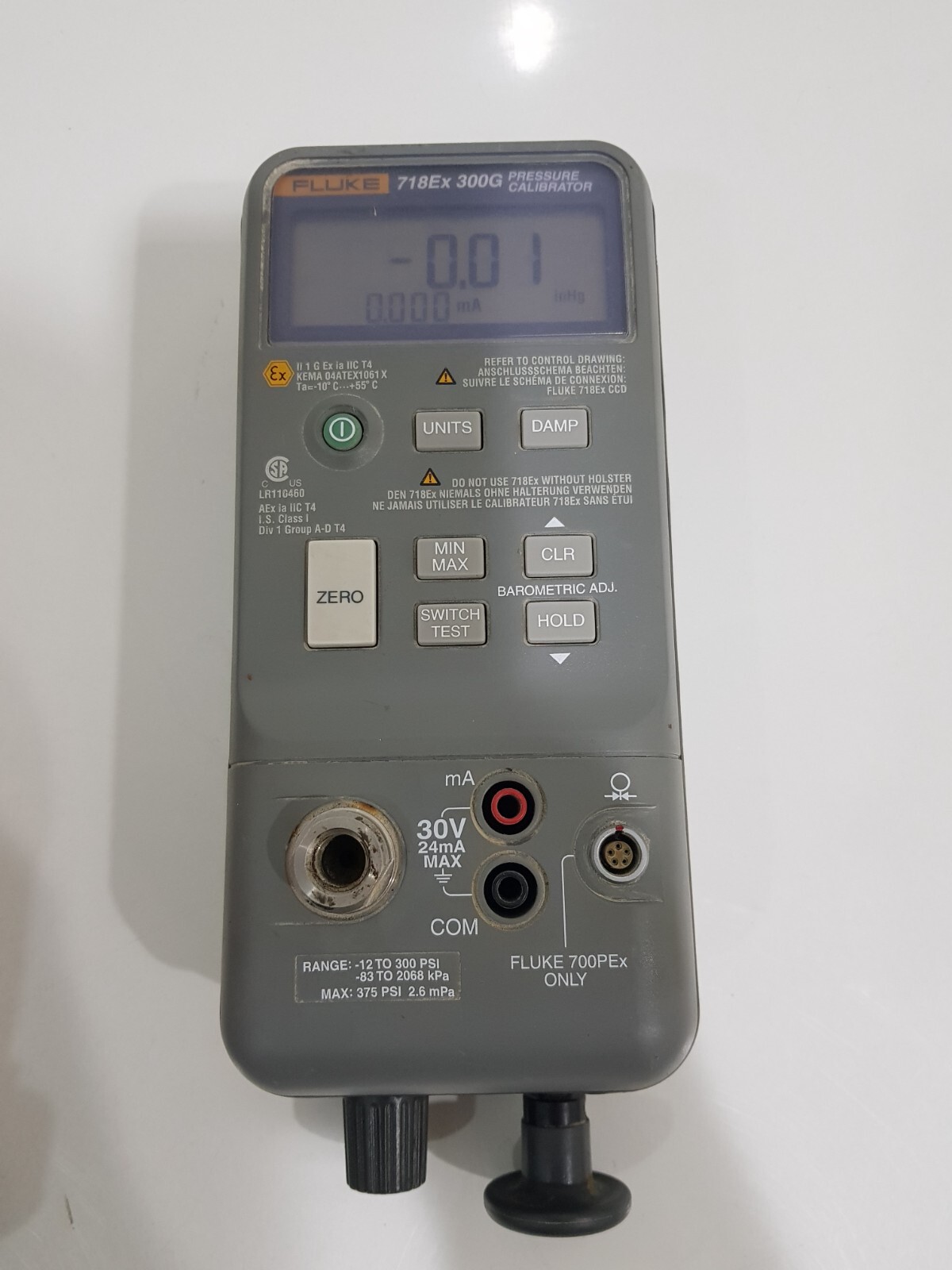 Fluke 718EX 300 Intrinsically Safe Pressure Calibrator, -12 to 300 psi 300G