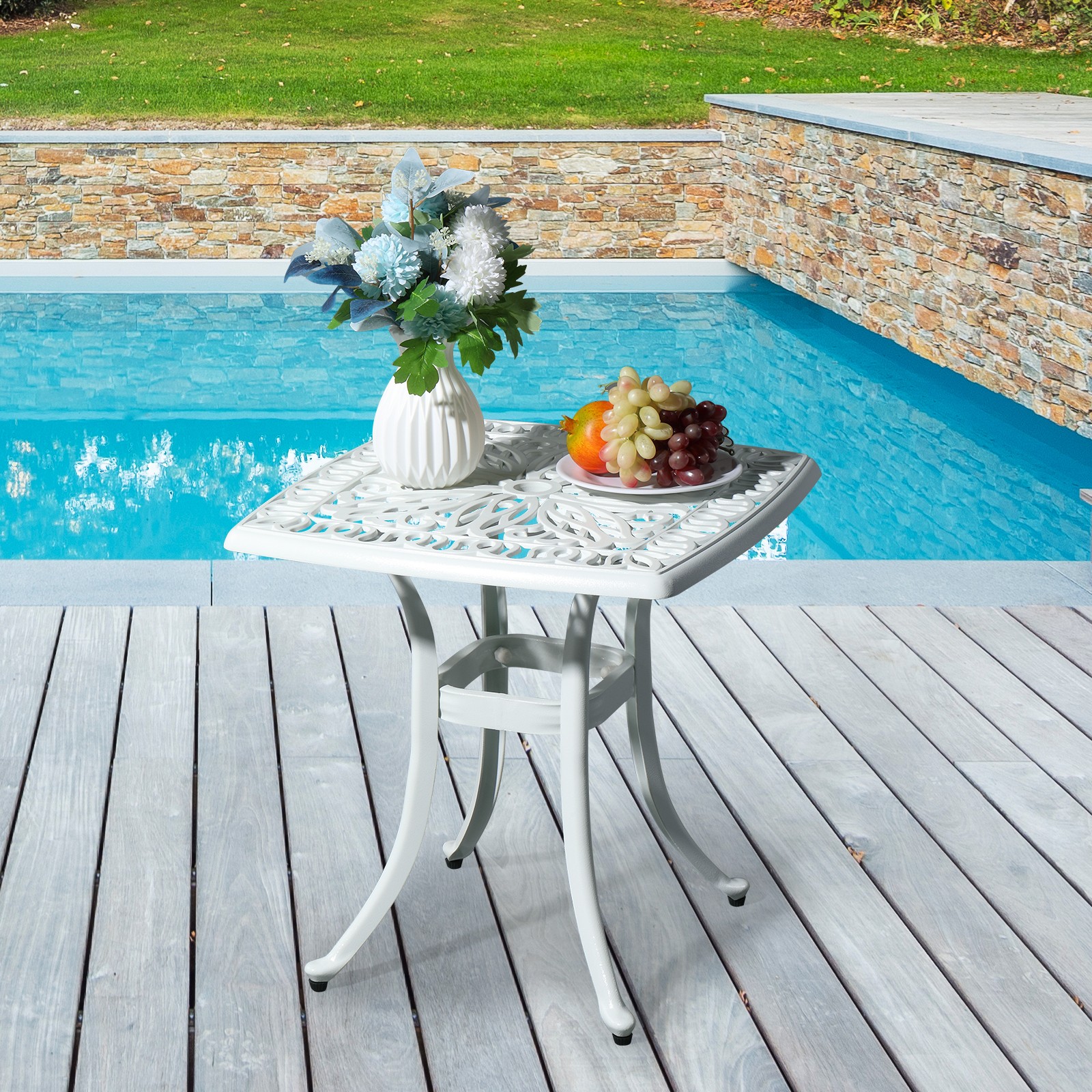 Square Cast Aluminum Garden Table Patio Furniture Outdoor w/ 2" Umbrella Hole