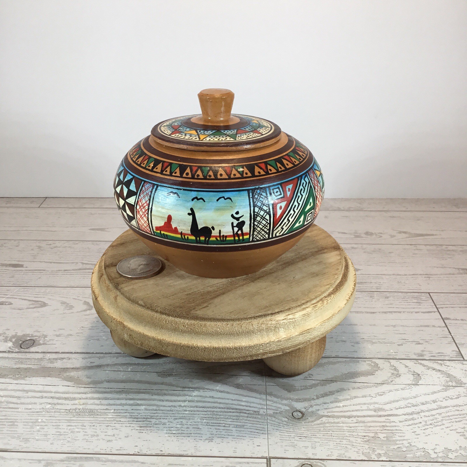 Peruvian Folk Art Red Clay Hand Painted Jar With Lid