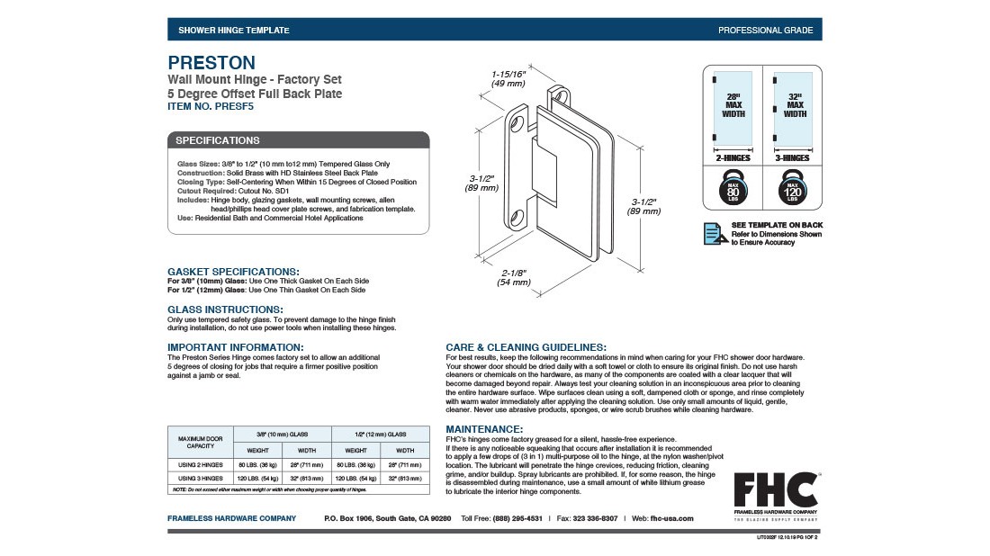 FHC Preston Wall Mount Hinge Full Back Plate Brass Brushed Nickel Finish