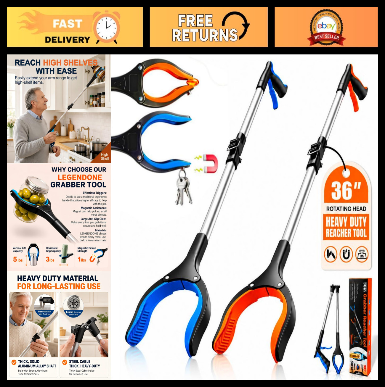 2 Pack 36" Magnetic Reacher Grabber Tool - Heavy Duty 360° Claw Picker for Senio