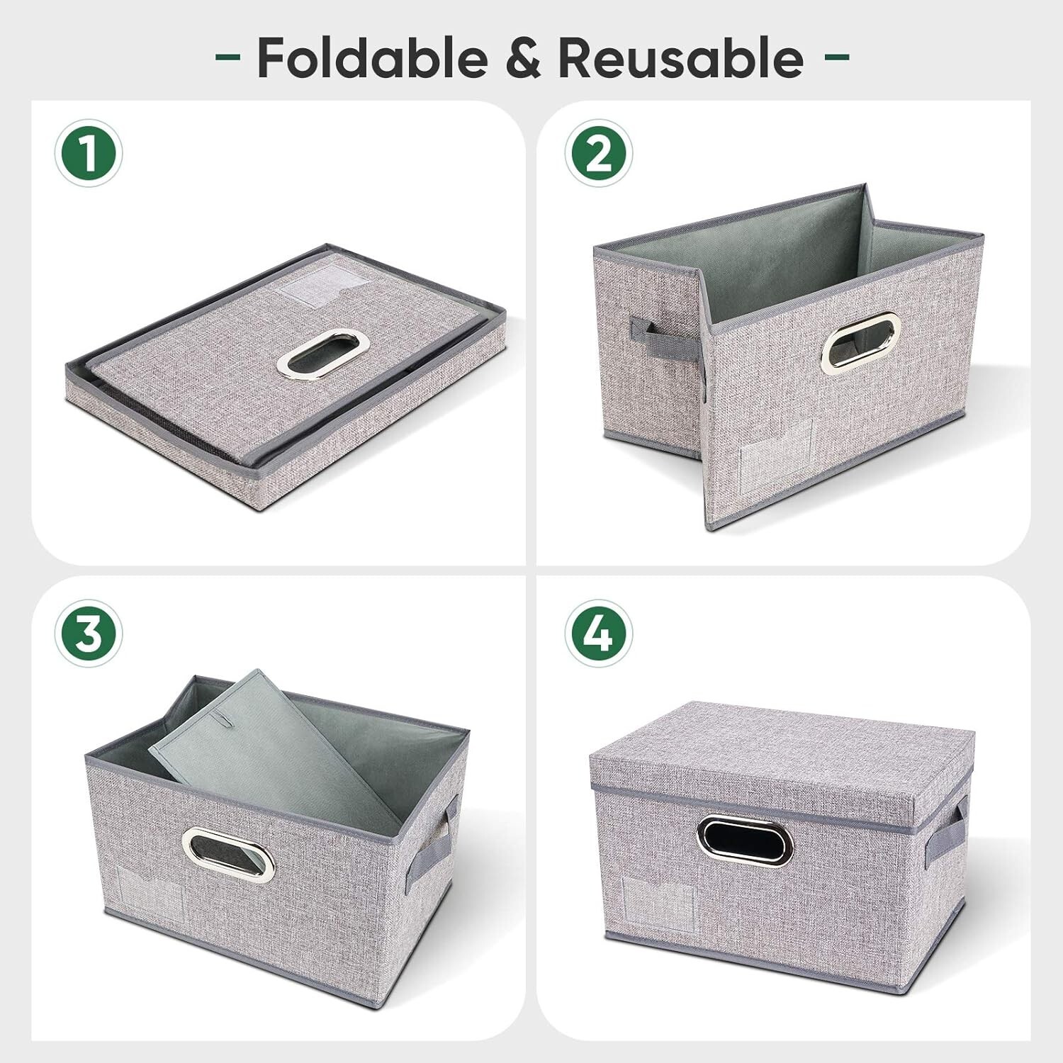 3 PACK Storage Bins with Lids, Foldable Linen Fabric Storage Boxes with Lids