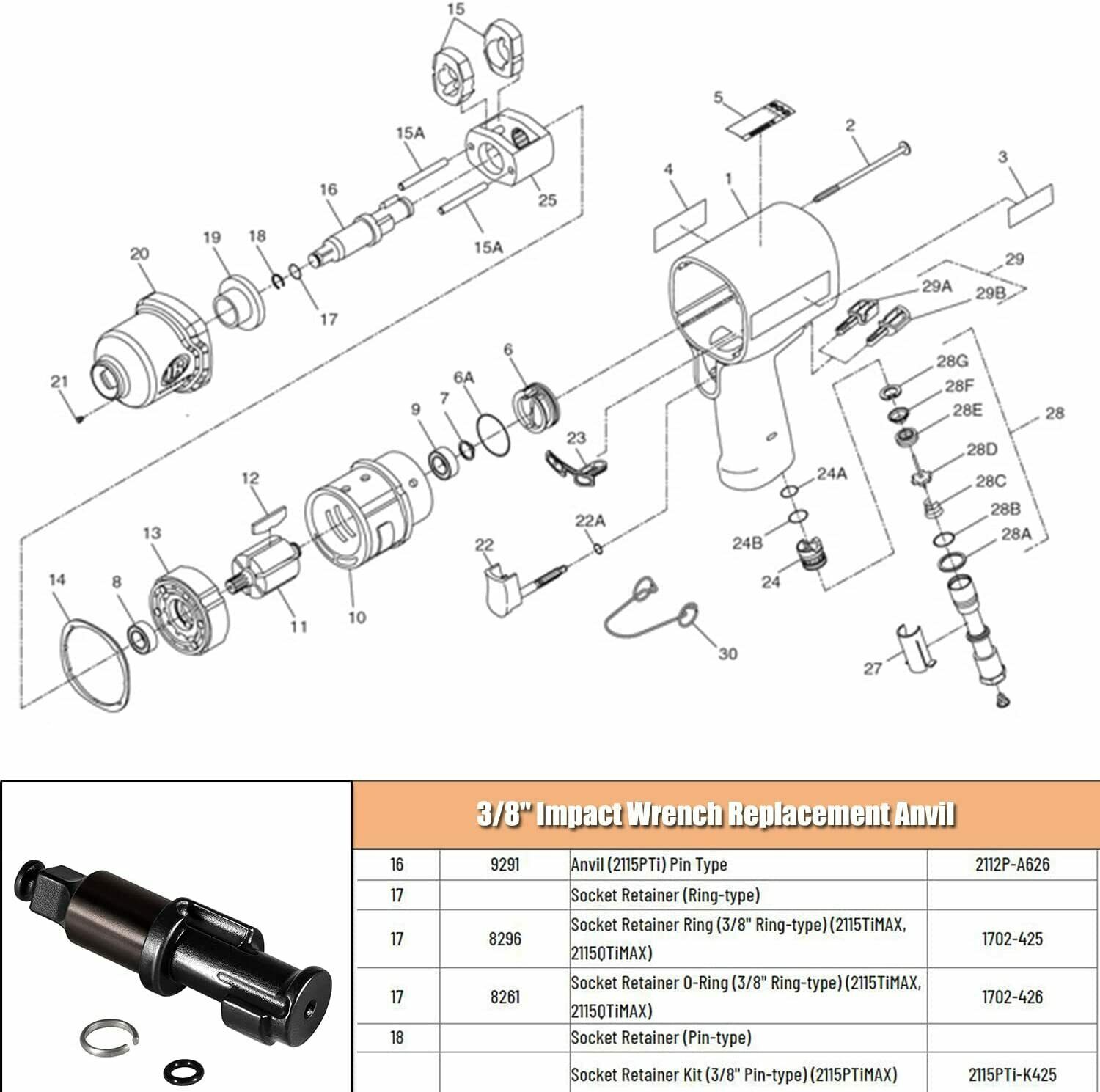 3/8" Impact Wrench Replacement Anvil IR2112 & IR2115 with O Ring and Retainer