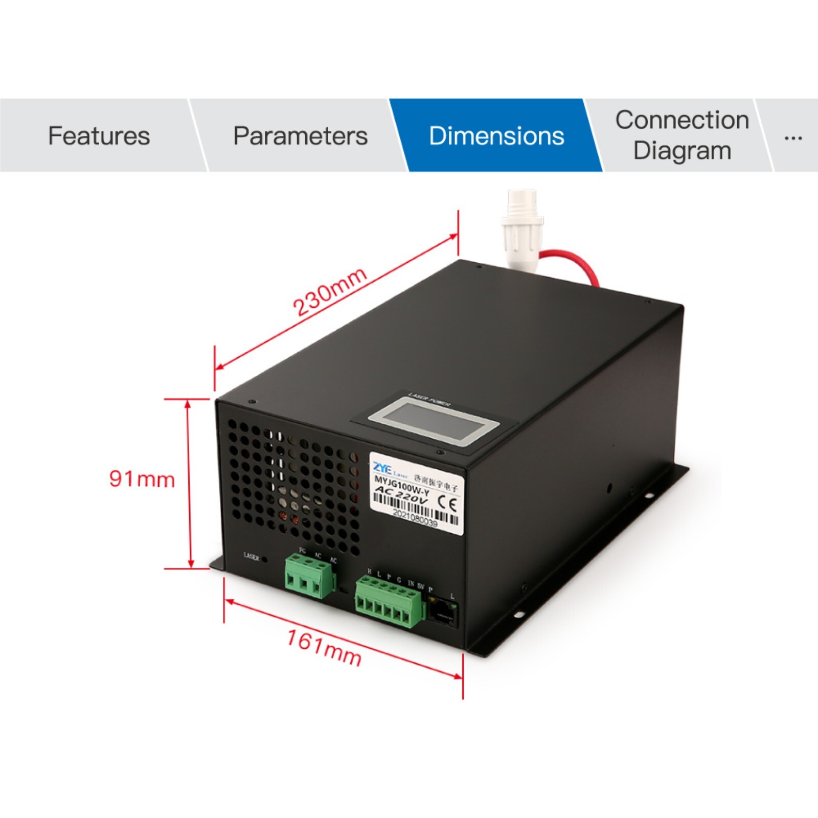 MYJG-100W-Y 100W CO2 Laser Power Supply with Current Display for 100W Laser Tube