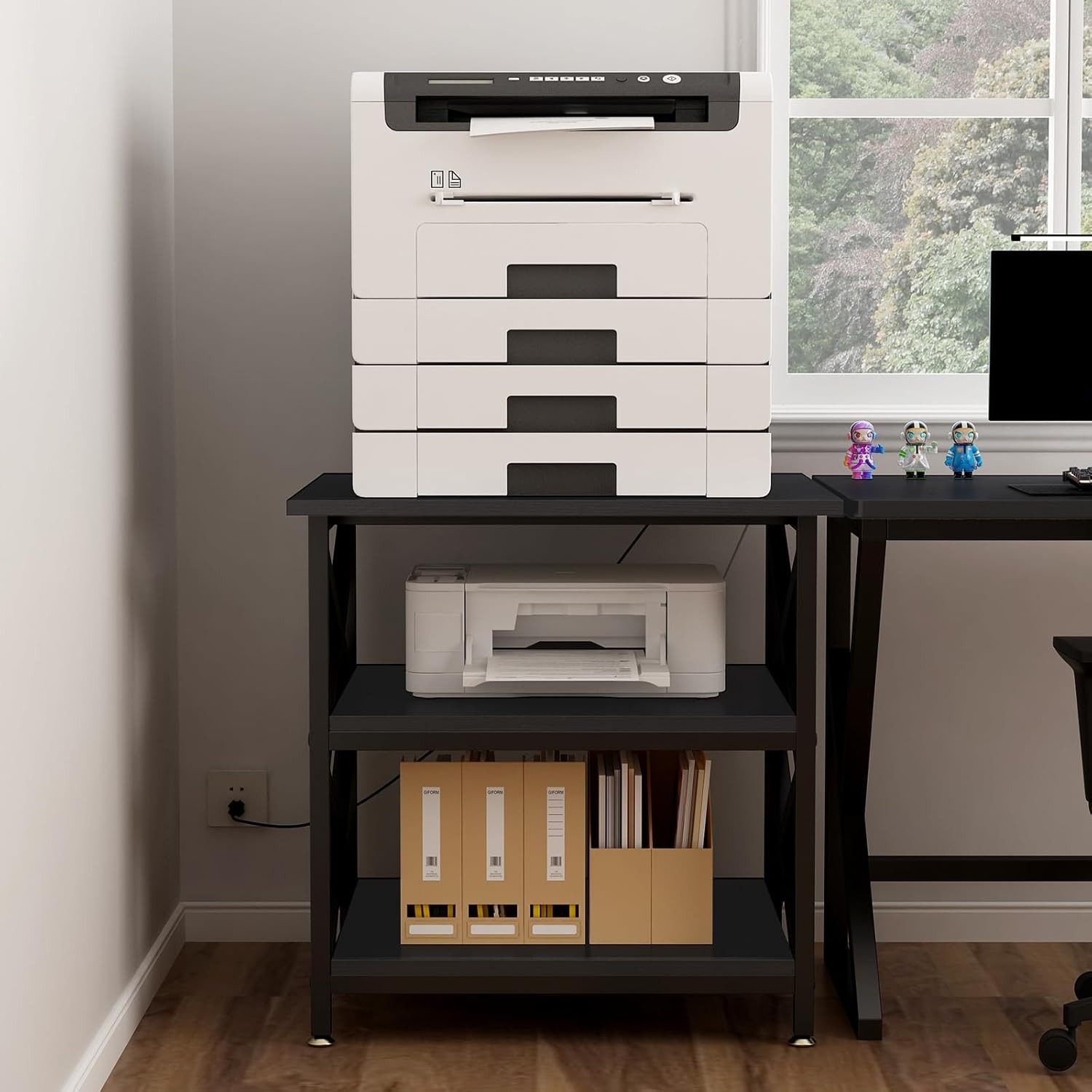Large Printer Stand with Power Outlet Height Adjustable Rolling Cart 3 Tier