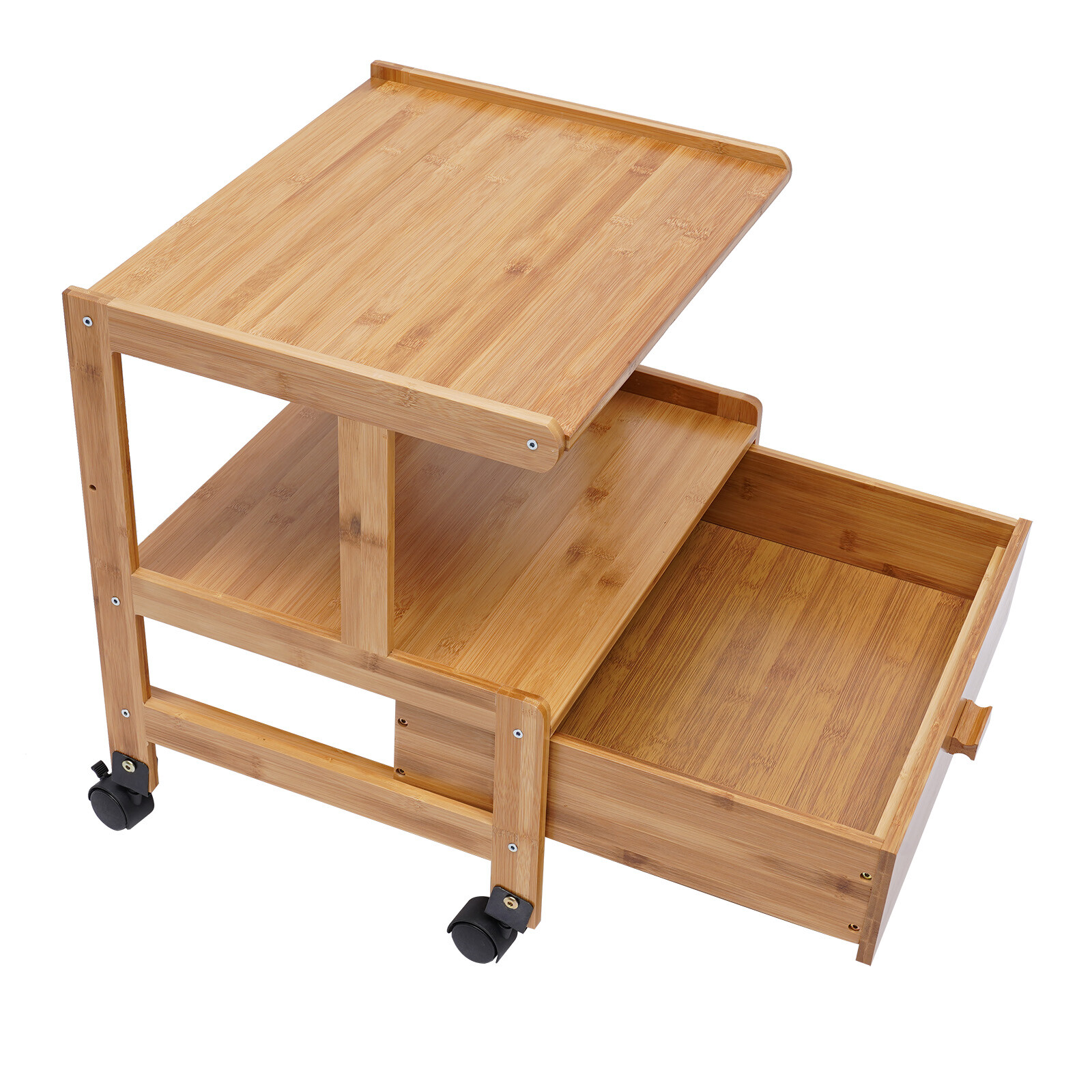 Printer Stand Wheels 2 Tiers Shelf Desk Machine Bamboo Cart Rolling Storage Rack