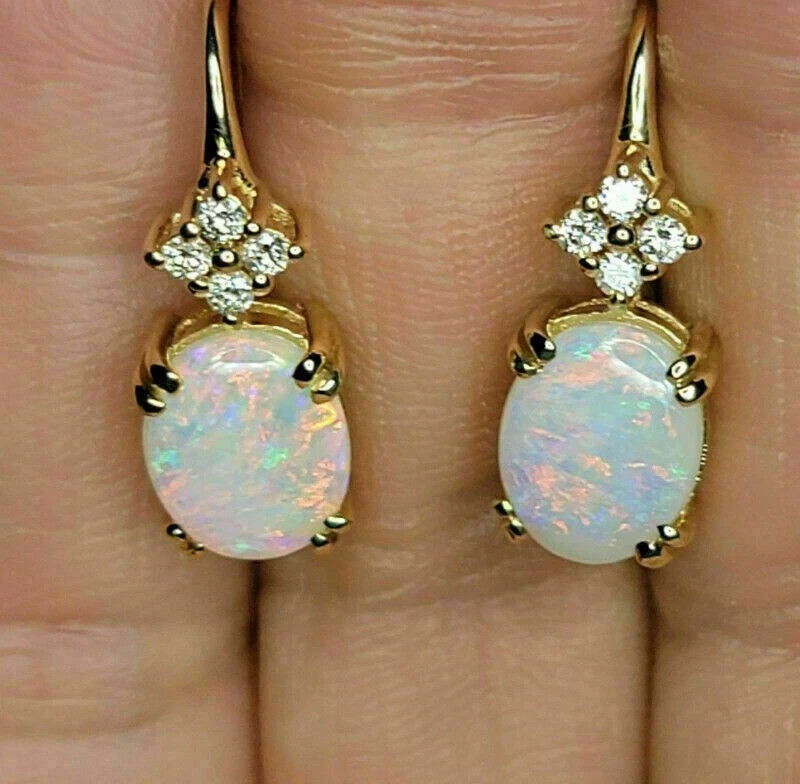 4 Ct Oval Cut Fire Opal & Diamond 14K Yellow Gold Over Drop Dangle Hook Earrings