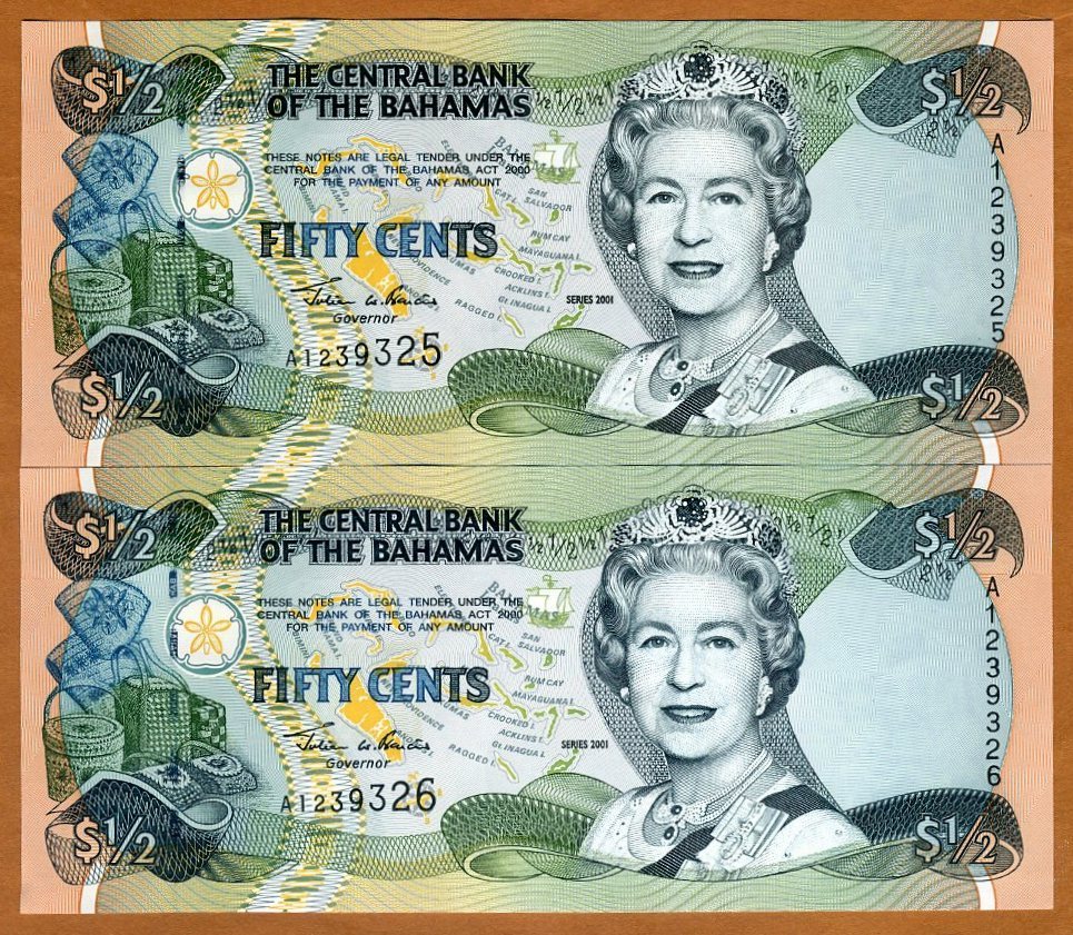 Set Bahamas, 2 x 1/2 dollar (50 cents) 2001, P-68, QEII, UNC Consecutive Pair
