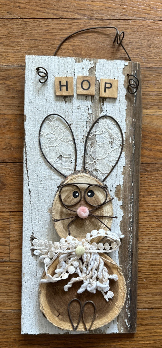 OOAK Vintage Look Handmade Assemblage Reclaimed Easter Spring Rabbit Wallhanging