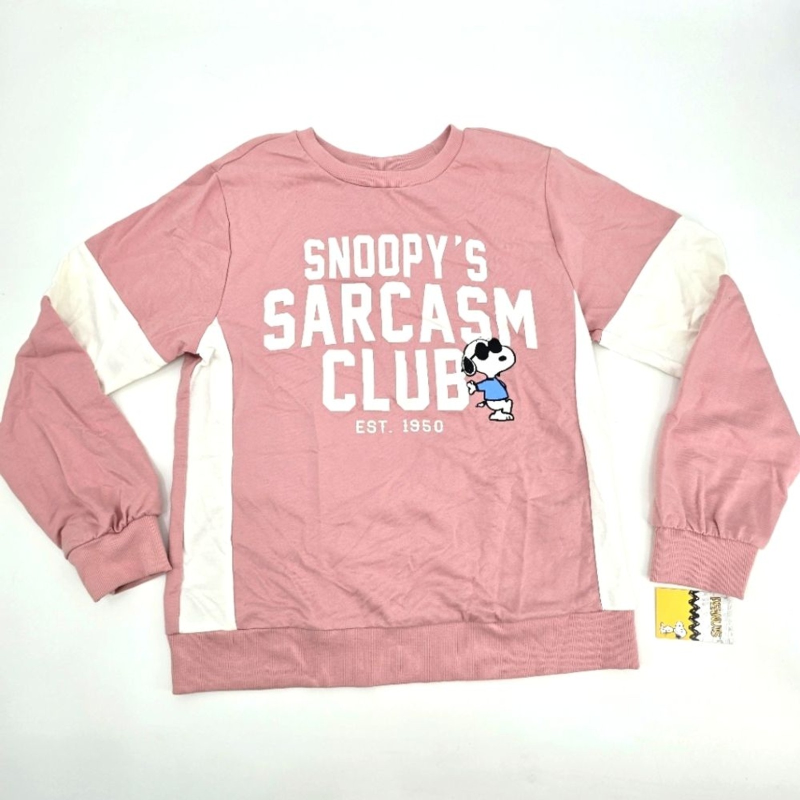 Peanuts Snoopy's Sarcasm Club Pink and White Sweatshirt Size L NWT