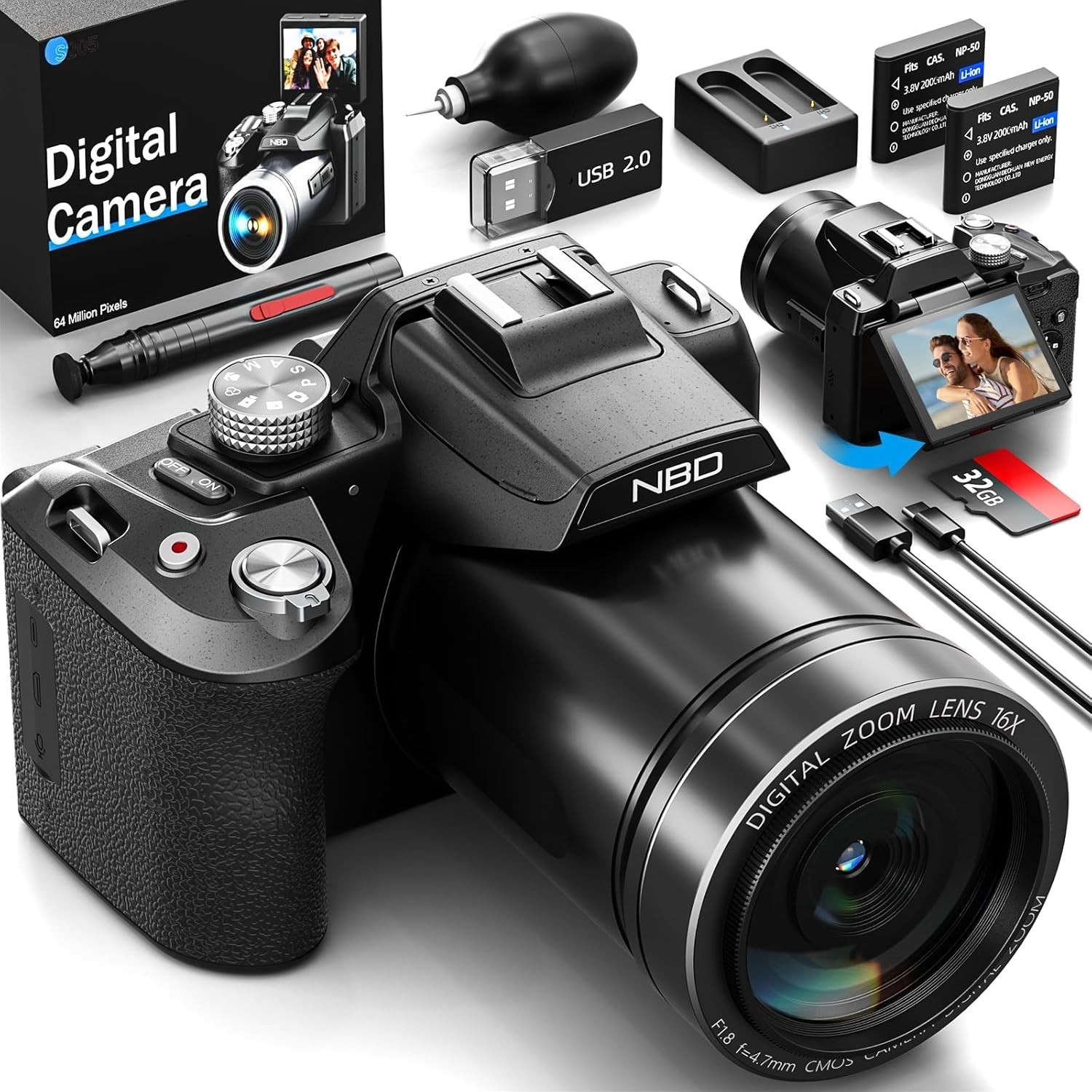 5K 64MP Digital Cameras Autofocus WiFi 3'' Flip Screen for YouTube Photography