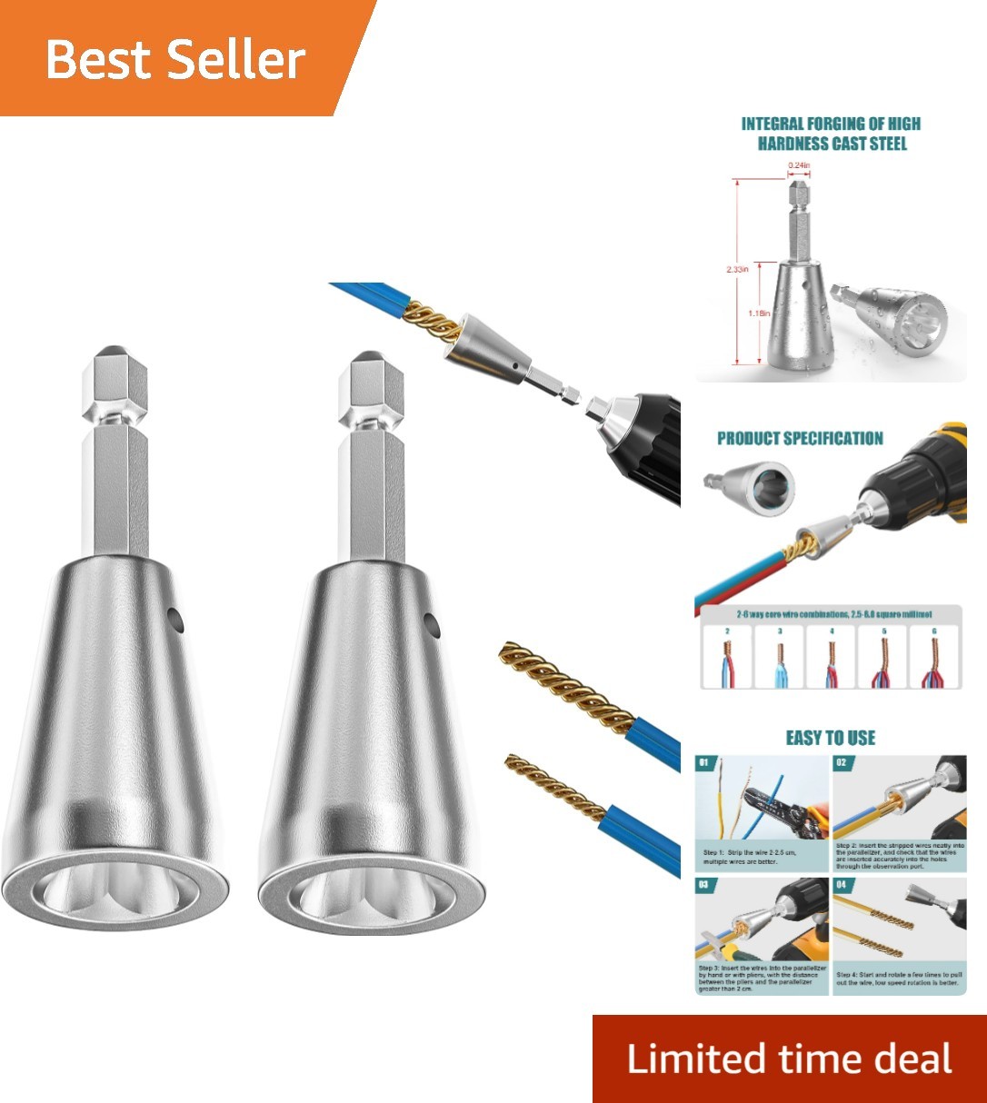 Durable Stainless Steel Wire Nut Twister with 6mm Hex Shank for Electricians