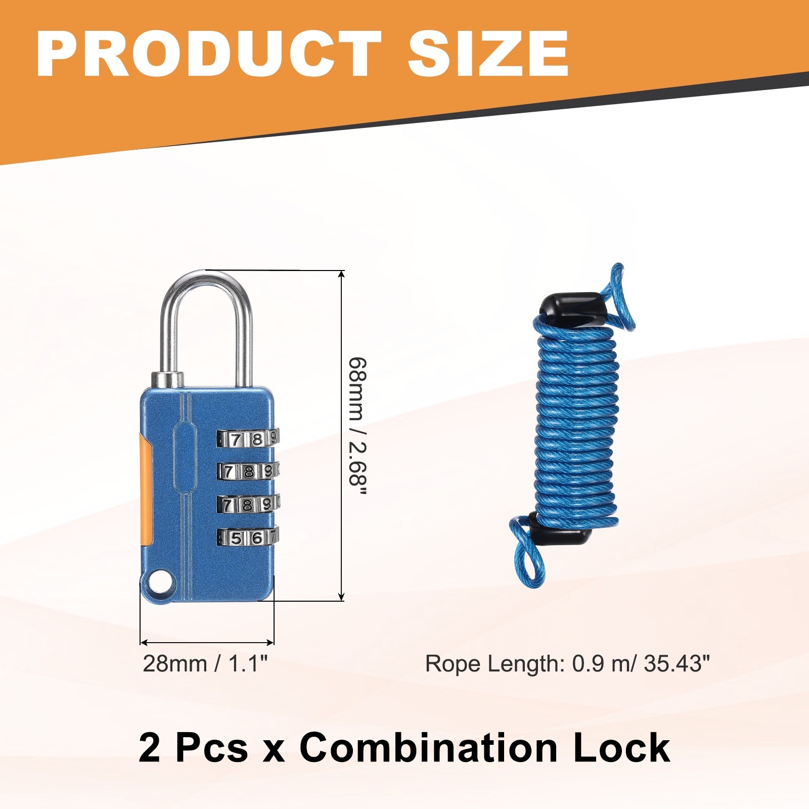 2 Pcs Luggage Lock, 4 Digit Combination Padlock and Flexible Blue Cable (90cm)