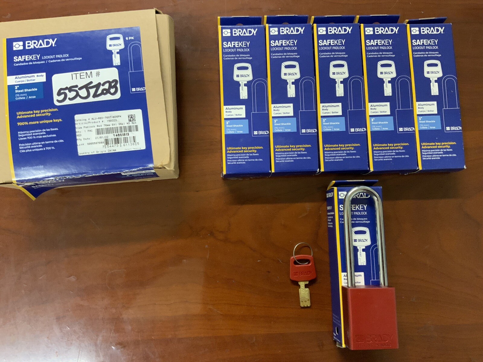 Lot of Six (6) New BRADY ALU-RED-76ST-KD6PK Lockout Padlock Red 1-13/16" H Body