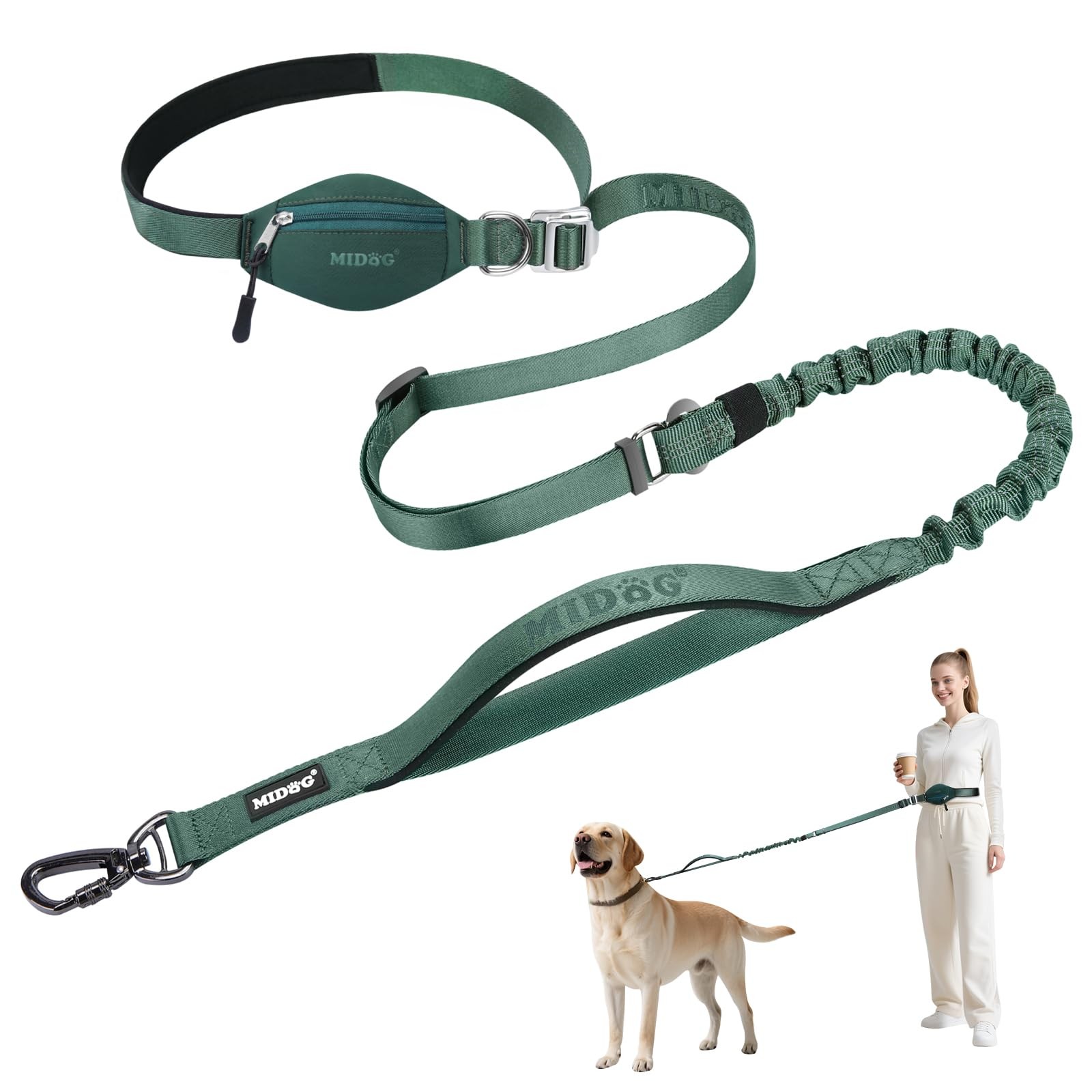 Multifunctional Dog Leash Hands Free Large Adjustable Waist Green 1 PCS