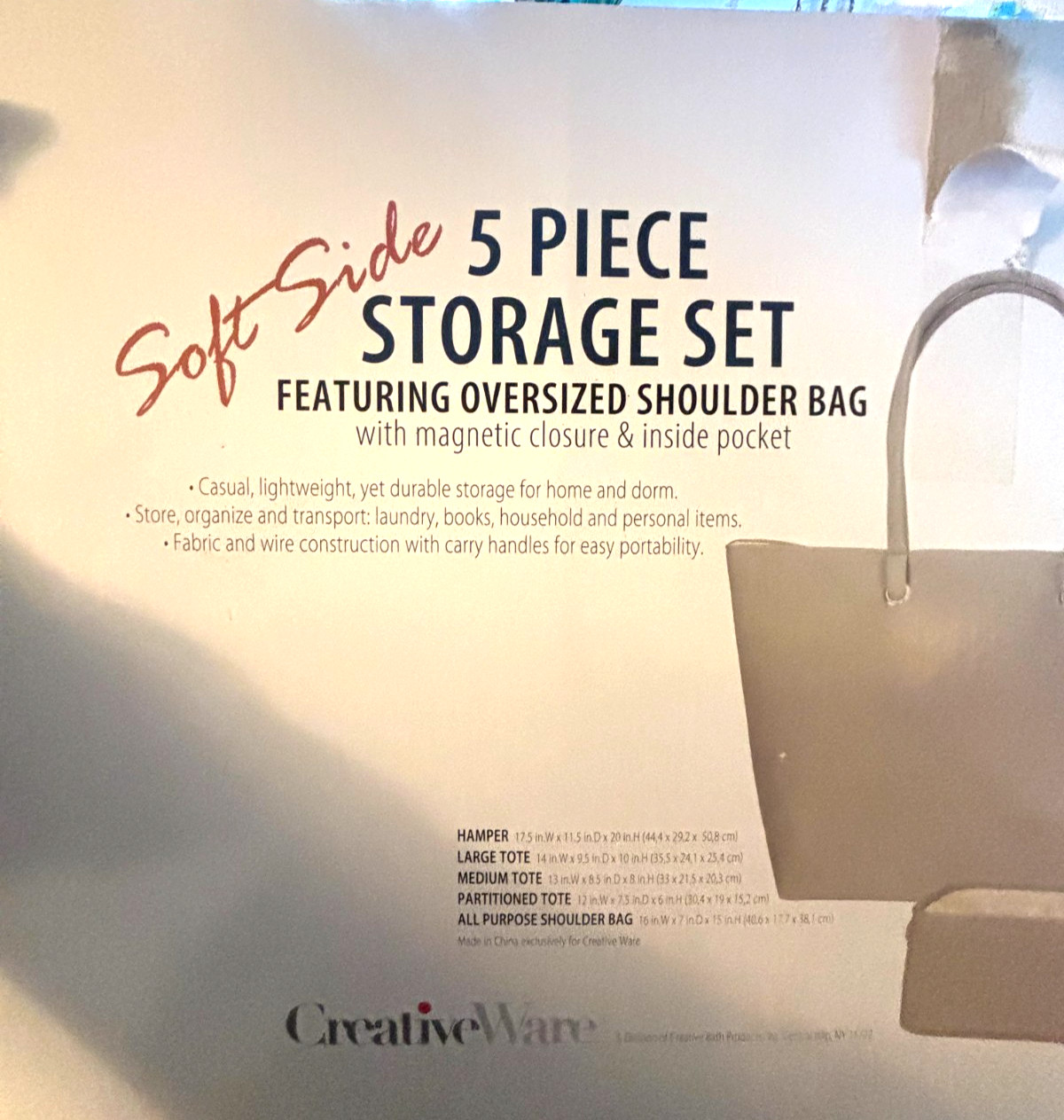 Creativeware Soft Side 5 Piece Storage Set Including Shoulder Bag Grey NEW