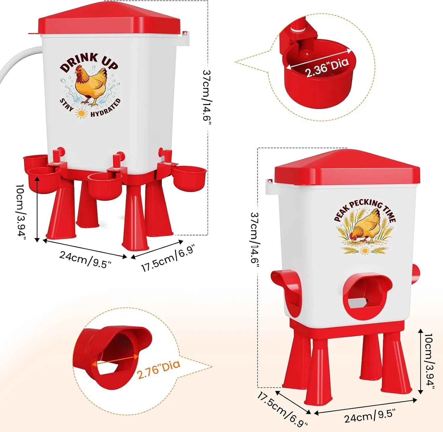 3 Gallon Chicken Feeder and Waterer Set, Large Chick Water with Automatic Float