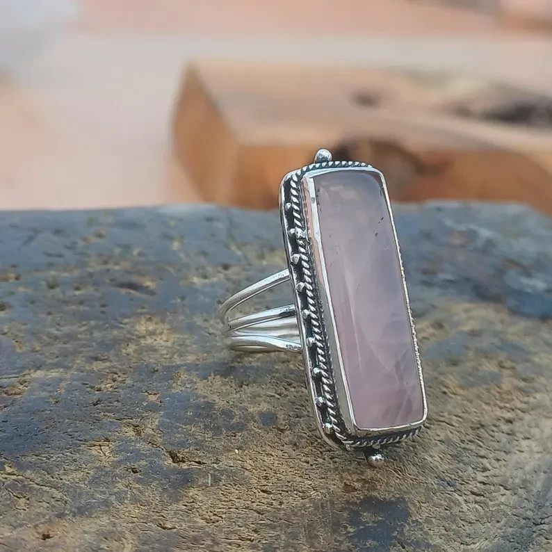 Rose Quartz 925 Sterling Silver Band& Statement Ring Handmade Ring All Size
