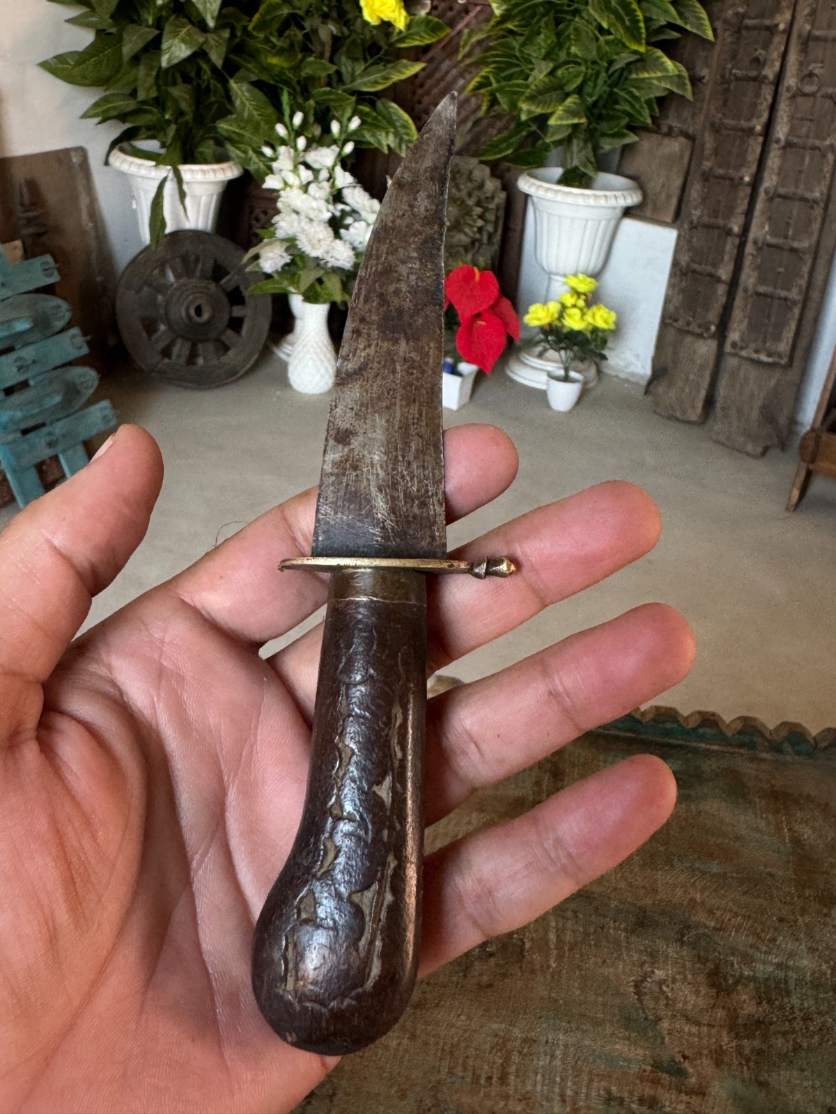 Vintage Rare Hand Carved Iron Blade With Wooden Handle Pocket Small Knife 7"