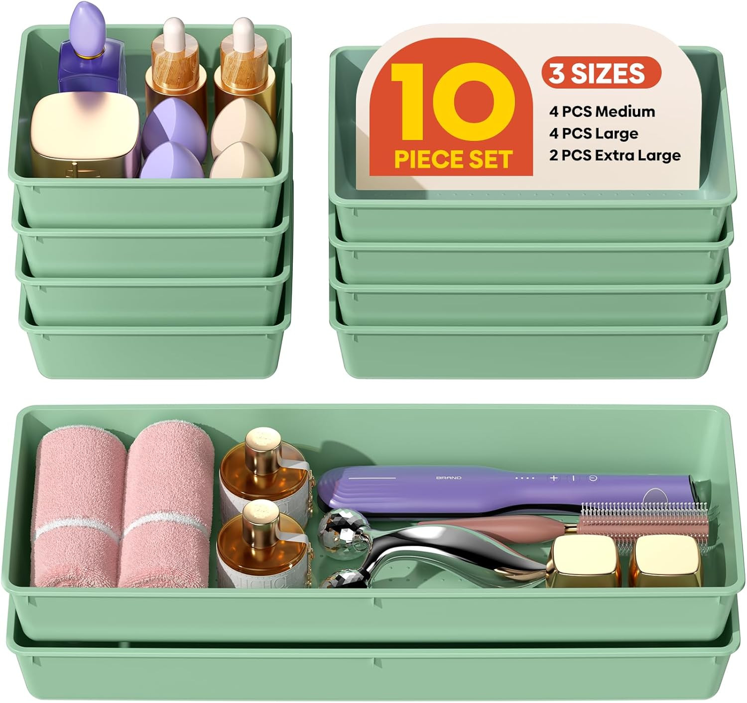 10 Pack Large Size Plastic Drawer Organizers Set, 3 Sizes Desk Drawer Organizer