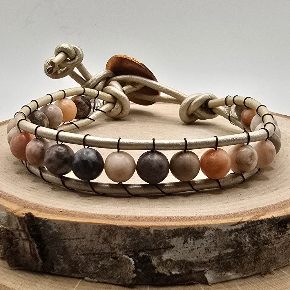 Zebra stone and silvertone leather single wrap bracelet