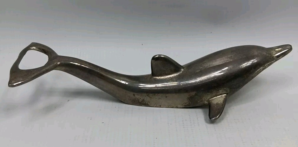 Vintage Silver Plated Dolphin Bottle Opener Cap and Twist 6.5" Great Patina
