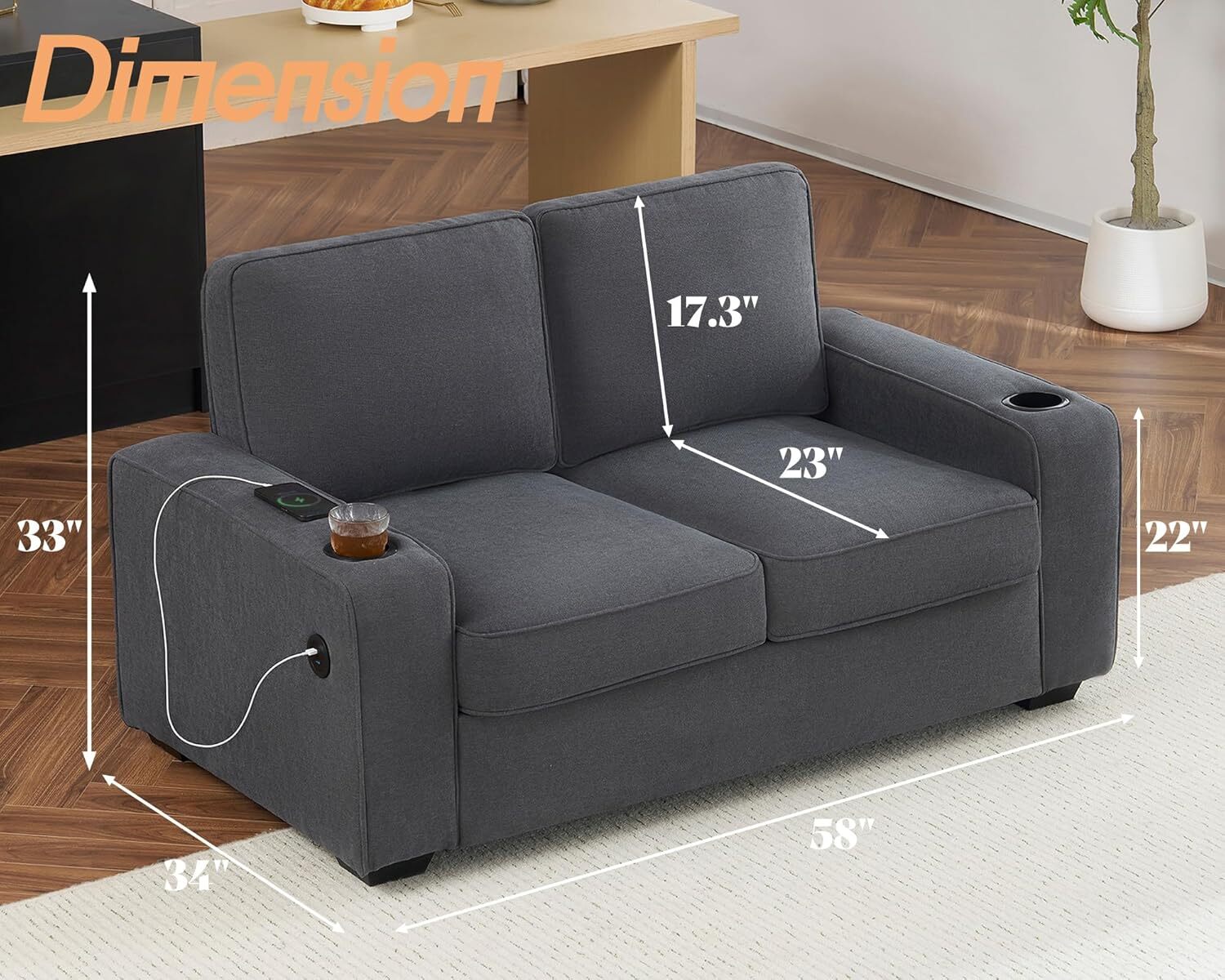 VanAcc Couch,Deep Seat Sofa with USB Charging Ports & Cup Holders,Comfy couch