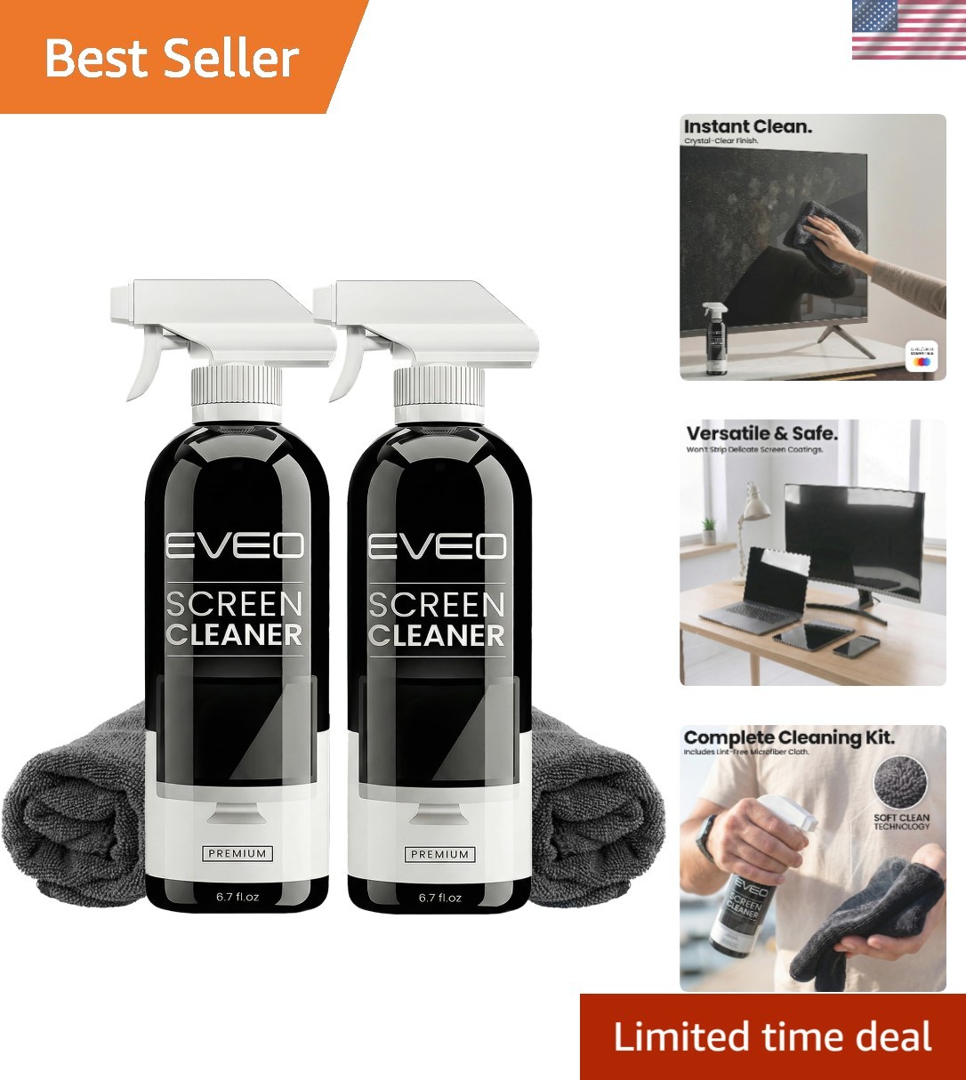 Streak-Free Screen Cleaner Spray Kit with Microfiber Cloth – 2 Pack Essentials
