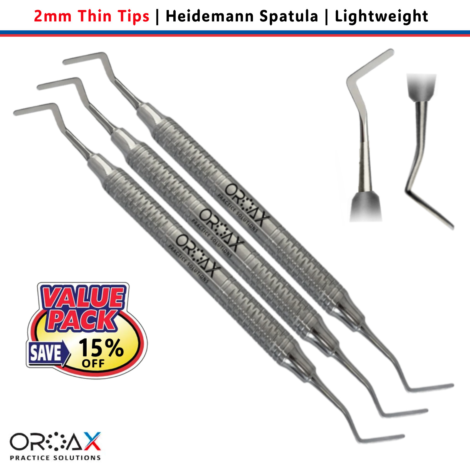 OROAX Espátula Heidemann 2mm Para Resina Composite Pack Clínico 3pzs