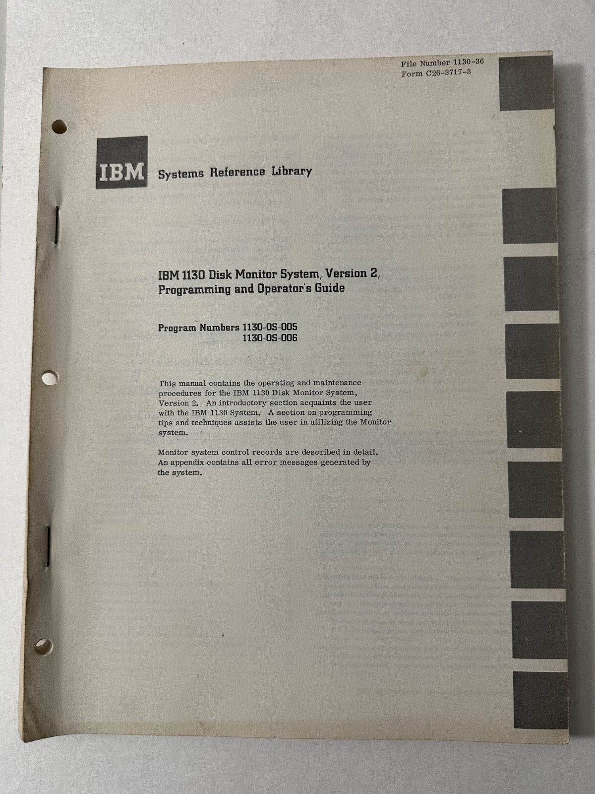 IBM SYSTEMS REFERENCE LIBRARY Original 1130 Disk Mon System USER’S  GUIDE- 1968!