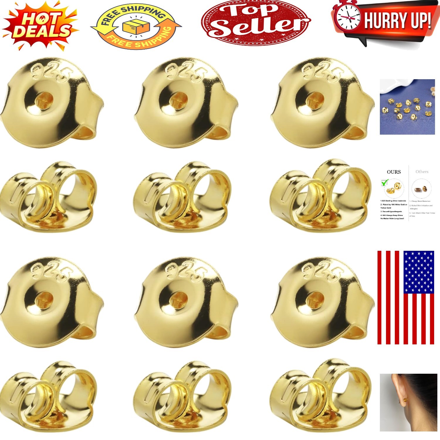 Elegant Gold Plated Earring Finders - 925 Silver Hypoallergenic Design, 6 Pairs