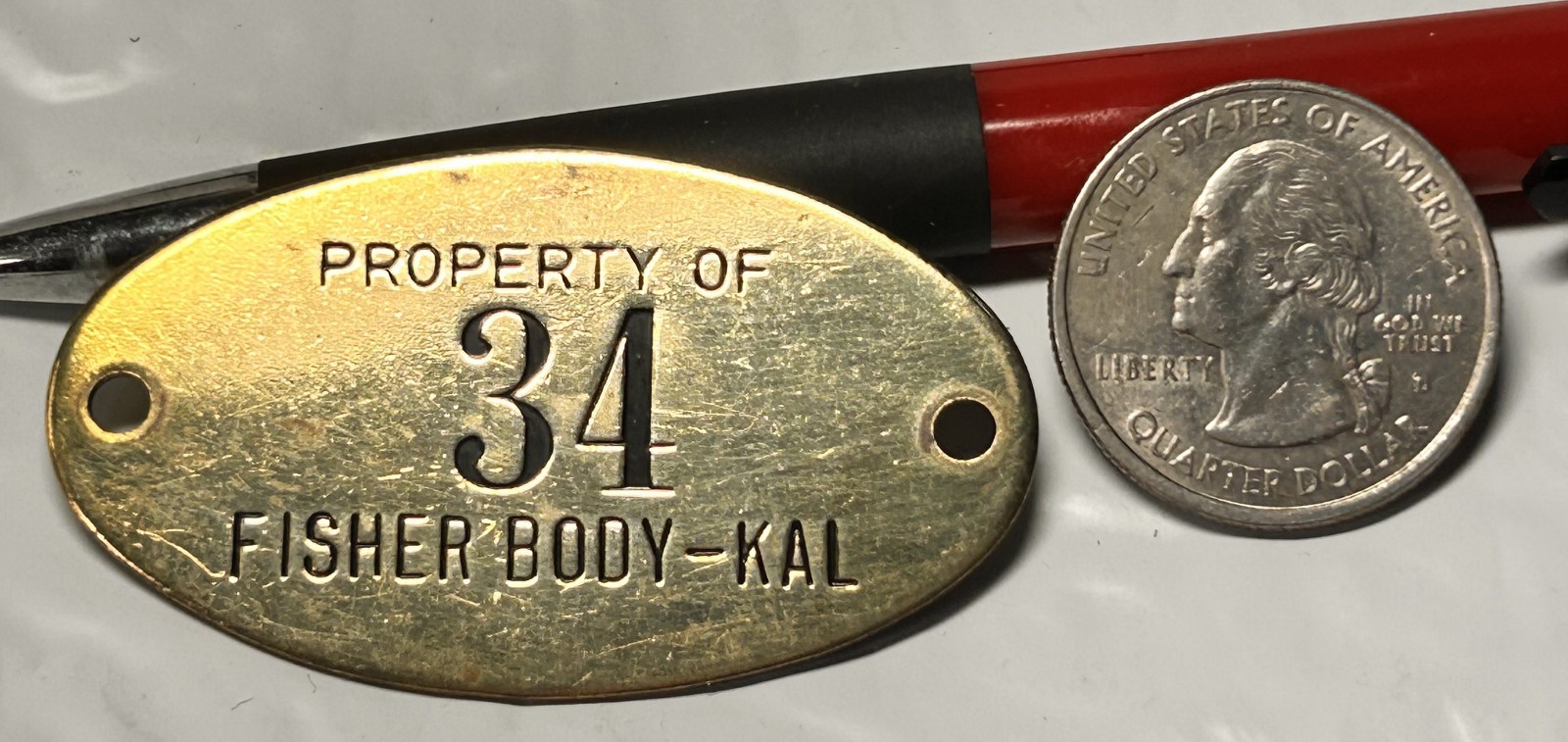 Vintage Machine Brass ID Nameplate Sign FISHER BODY KALAMAZOO 34 Tool Check Tag
