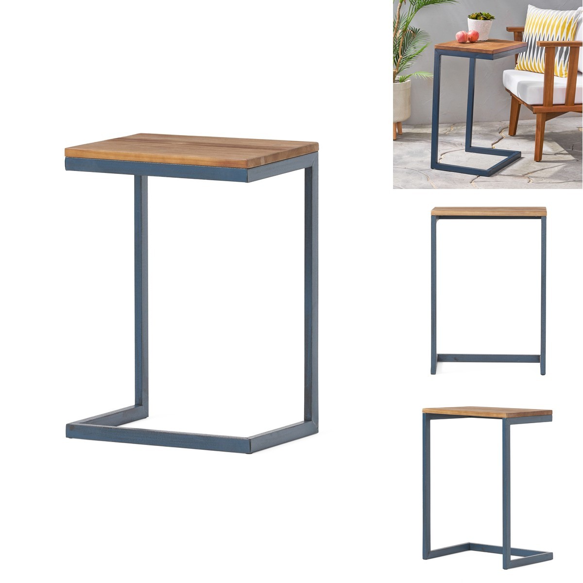 Christopher Knight Home Kora Outdoor Firwood C-Shaped Accent Table Black/Blue