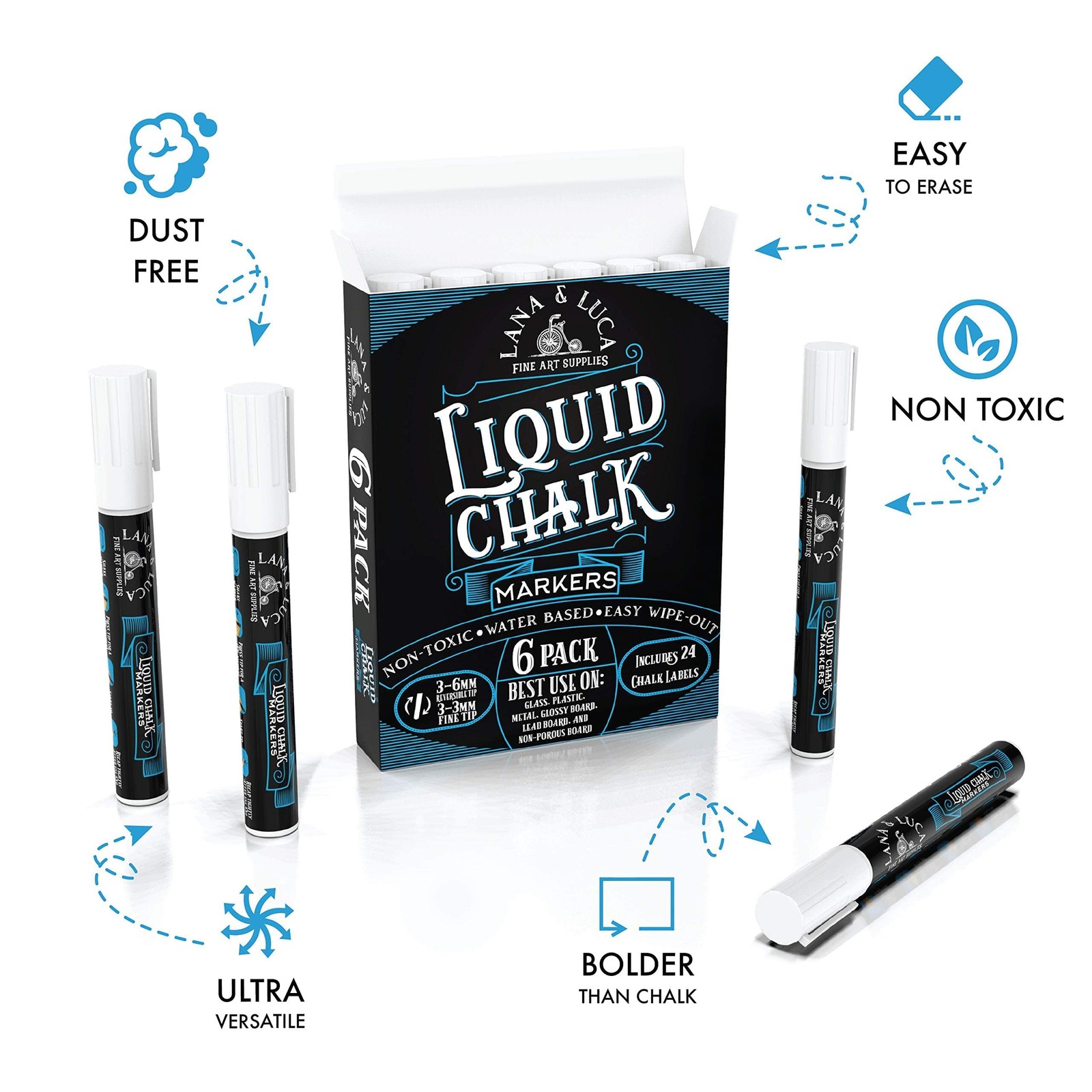 Liquid Chalk Marker Pen - White Dry Erase - 6 Count (Pack of 1),